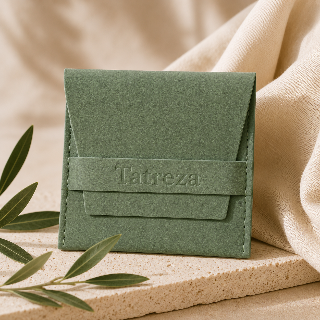 Green pouch with 'Tatreza' branding on a beige surface with leaves.