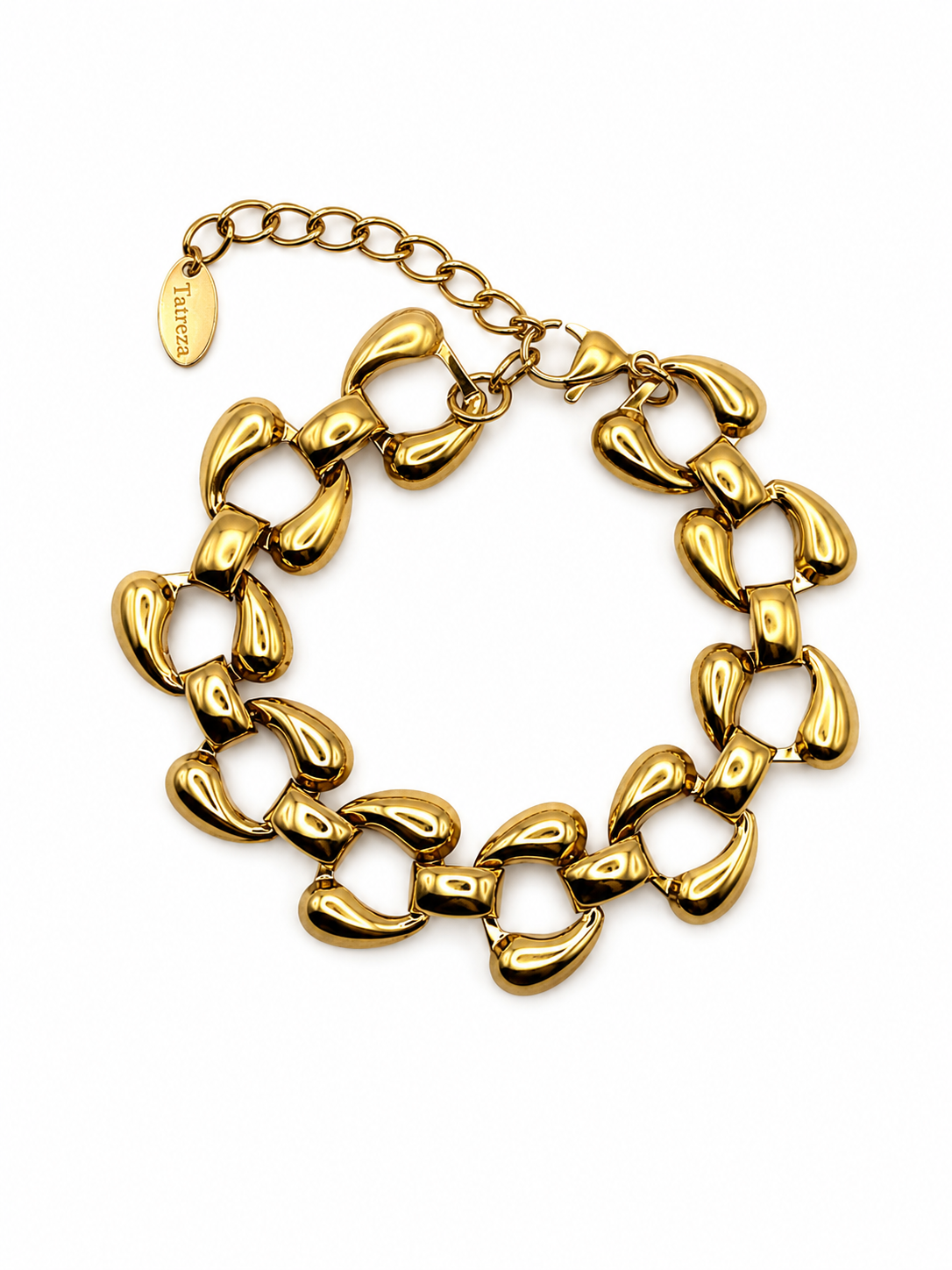 A chunky gold-tone chain link bracelet with a distinctive organic, rounded link design and an adjustable extender chain with a branded tag, shown on a plain white background.