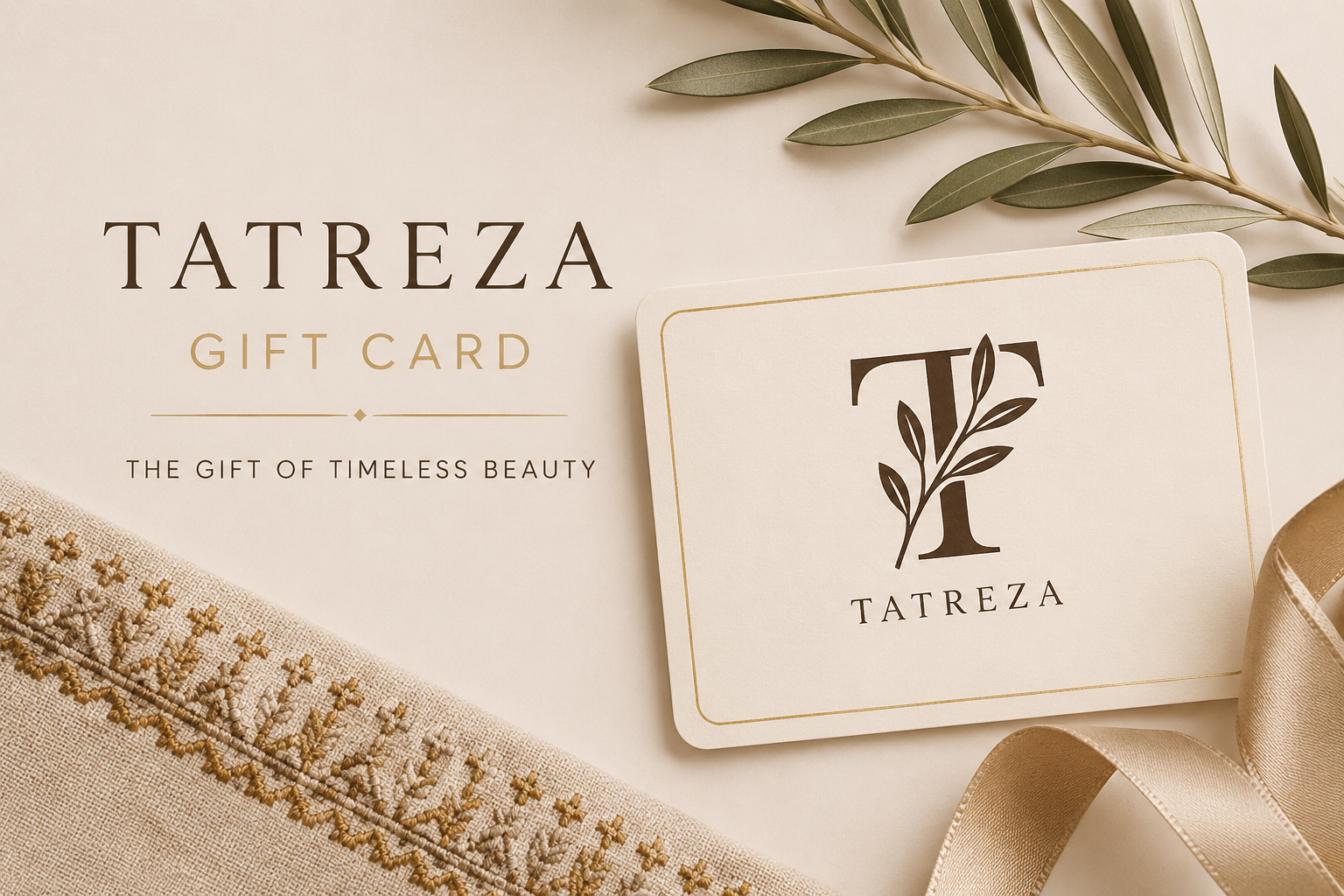 Tatreza gift card with olive branch in background and tatreez cloth on the bottom.
